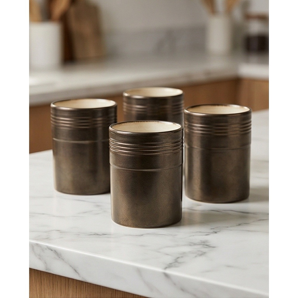 Food Network Stoneware Coffee Mugs Set‎ of 4 Copper Bronze Metallic Glaze Rustic